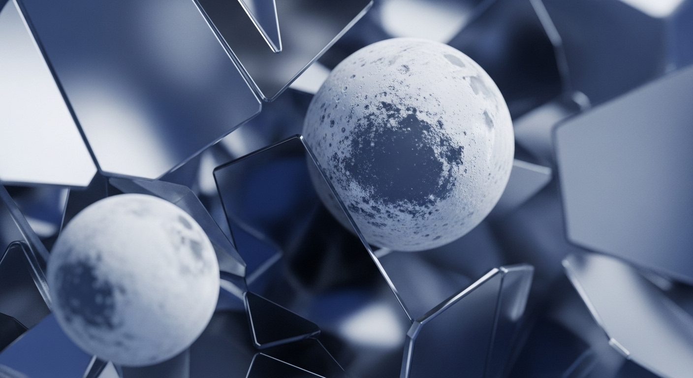 The visual presents two spherical objects, one prominently in focus and another subtly blurred, enveloped by a dynamic arrangement of angular, reflective surfaces. These elements collectively illustrate the intricate architecture of a blockchain ecosystem, rendered in cool blue and metallic gray tones
