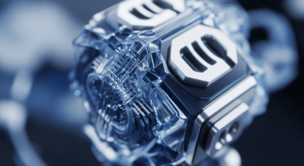 A detailed render showcases a translucent, crystalline cubic structure, emblematic of a digital asset block within a blockchain. Its metallic faces feature a stylized token identifier, signifying tokenization and value representation. Visible internal circuitry suggests complex cryptographic primitive operations and hash function computations. This structure embodies a network node on a distributed ledger technology, ensuring data integrity and an immutable ledger. It visually represents the secure, transparent processing inherent in smart contract execution and decentralized finance protocols, crucial for Web3 infrastructure.