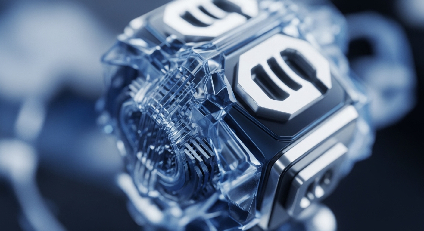 A striking close-up reveals a futuristic, translucent cubic object, featuring metallic panels and a prominent stylized symbol on its faces. The internal structure shows intricate, glowing blue circuitry, set against a softly blurred, dark blue background