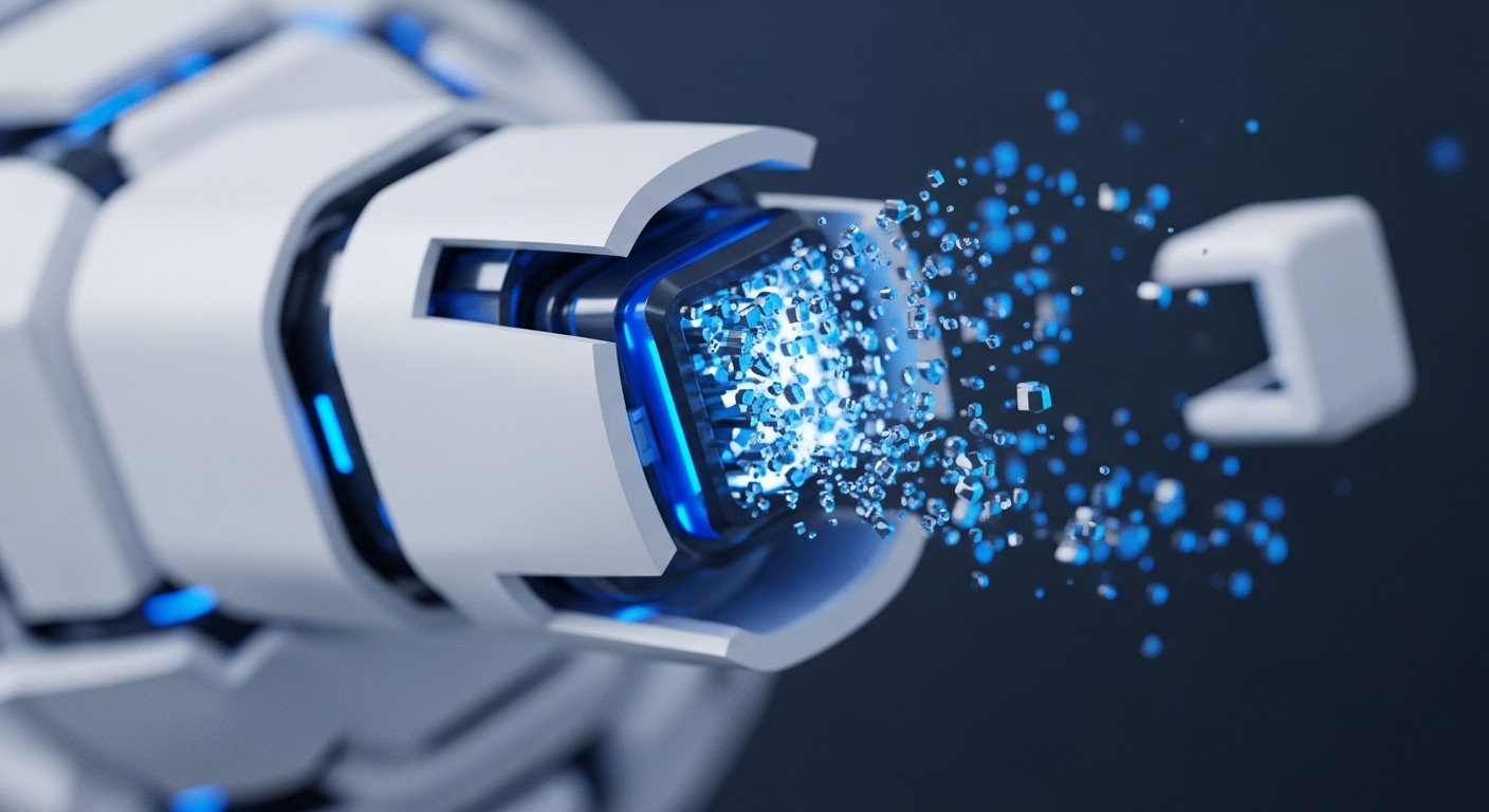 A futuristic white and blue mechanical arm-like structure is depicted, emitting a burst of glowing blue and white digital particles. The particles scatter outwards from the device's illuminated core against a dark background