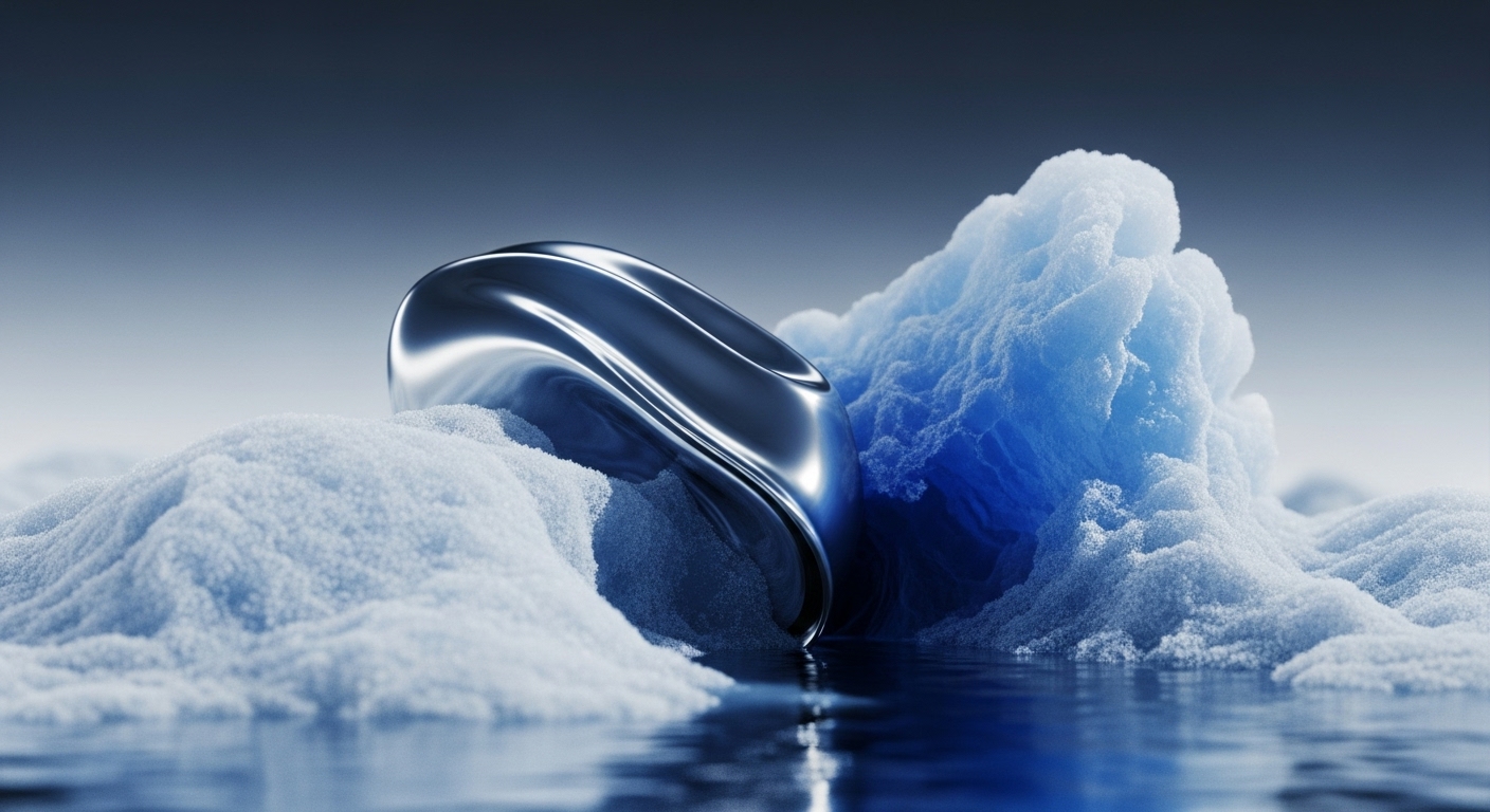 A highly reflective, abstract metallic object, resembling a fluid digital asset, is partially submerged in tranquil blue water, flanked by intricate white and blue icy formations. This striking imagery symbolizes the dynamic landscape of decentralized finance, where a new digital asset or token emerges from a liquidity pool