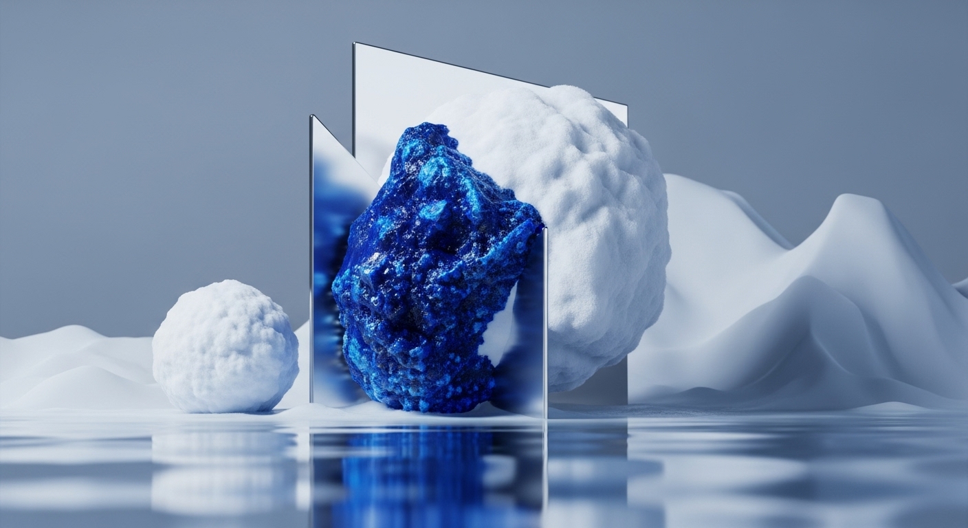 A striking composition features a brilliant blue, rough-textured object, resembling a raw mineral or crystal, positioned centrally between two vertical reflective panels. To its left, a smaller white textured sphere sits, while a larger, similar sphere is partially visible behind the blue object, all resting on a reflective, rippled surface