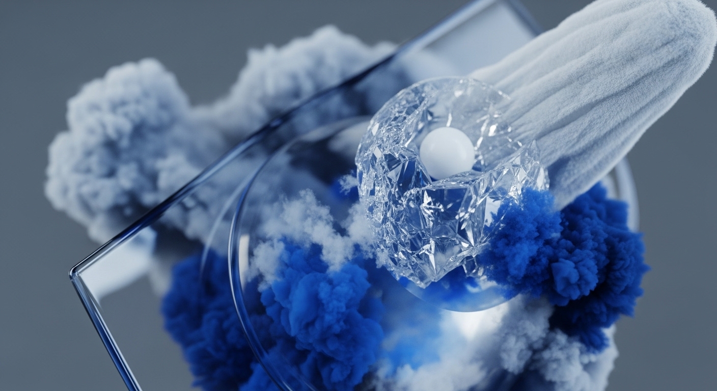 The image presents an abstract arrangement of volumetric blue and white masses, transparent geometric forms, and a distinct white fibrous object. Central to the composition, a clear, faceted structure encases a smooth white sphere, surrounded by the ethereal masses