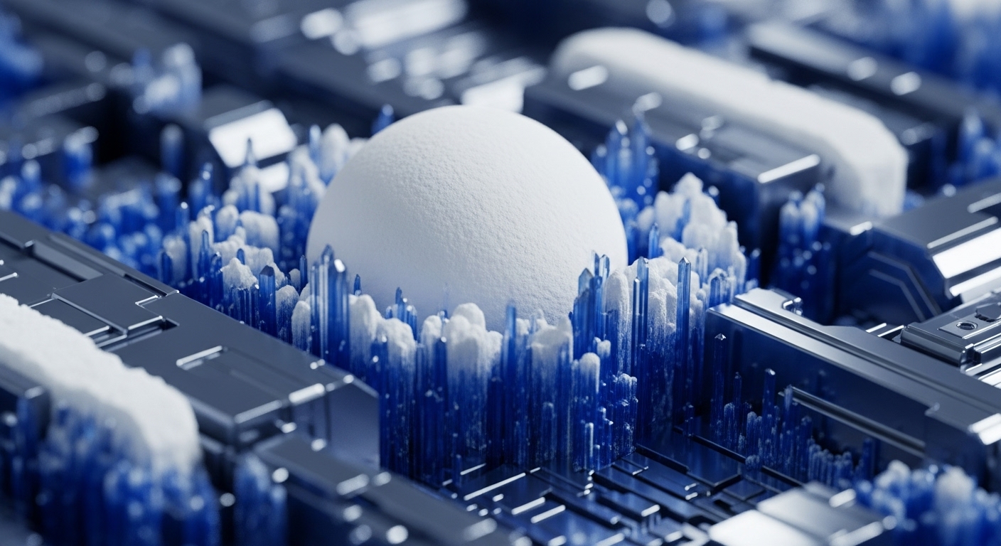 A smooth, white sphere is embedded within a dense, spiky field of bright blue crystals and frosted white structures, all set against a backdrop of dark, metallic, circuit-like platforms. This scene visually represents the core of a digital asset or a key data point within a decentralized system, perhaps akin to a seed phrase or a critical smart contract parameter