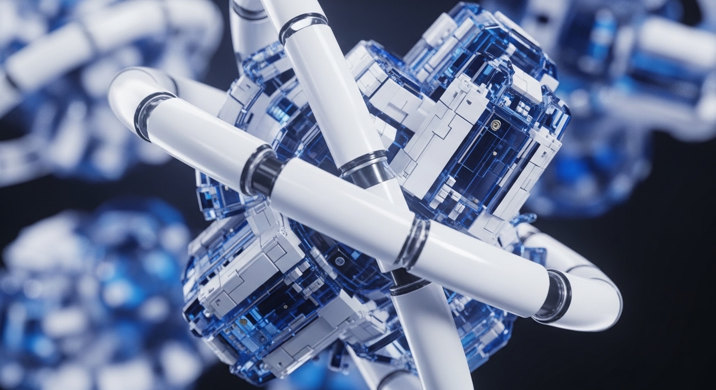 The image features a complex, cubic structure at its core, intricately formed from translucent blue and opaque white geometric modules. Several white cylindrical tubes radiate outwards from this central construct, connecting to other similar, out-of-focus structures in the background