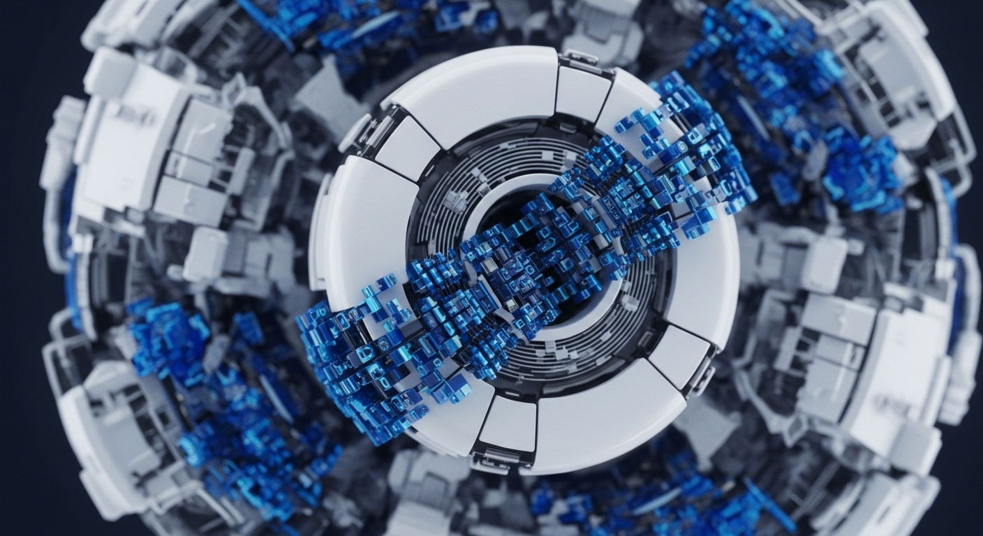 A central, intricate white and dark grey mechanical sphere forms a complex blockchain architecture, acting as a computational node. Dynamic, translucent blue cubic structures represent data packets or transaction throughput, actively moving through and around its core, signifying real-time smart contract execution and node synchronization. This visualization embodies a robust decentralized network, highlighting the intricate cryptographic primitives and consensus mechanisms underpinning its operational integrity and secure data processing within a Web3 infrastructure.