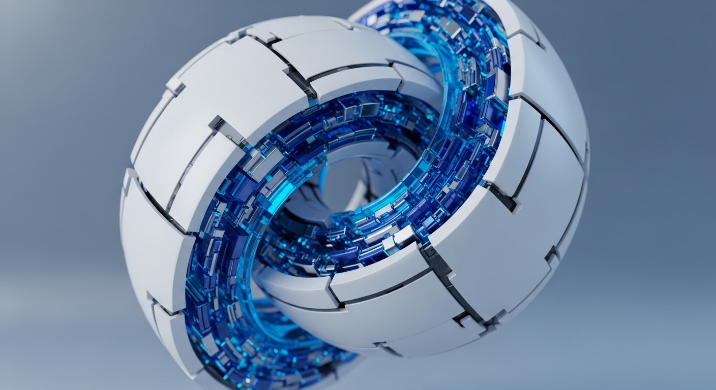 A sophisticated, segmented white spherical object dominates the frame, showcasing an intricate, glowing blue internal mechanism. This luminous core appears as a continuous, dynamic pathway, contrasting sharply with the object's clean, geometric exterior