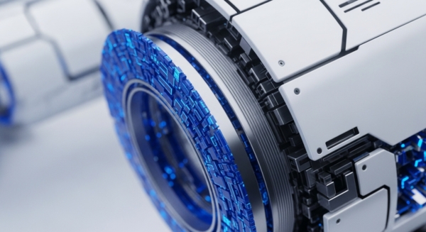 A close-up reveals a sophisticated white and silver modular component with intricate black accents. Its central circular element features a metallic inner ring and an outer band of glowing blue block-like structures, symbolizing active smart contract execution and data immutability. This advanced blockchain architecture represents a high-performance validator node, crucial for robust transaction processing within a distributed ledger technology network.