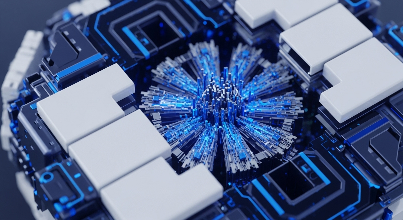 The image presents a complex, abstract technological structure centered around a radiant blue, spiky core, encircled by white, block-like modules and dark, interconnected pathways illuminated with blue light. This visual metaphor illustrates the intricate mechanics of a high-performance decentralized ledger technology DLT system