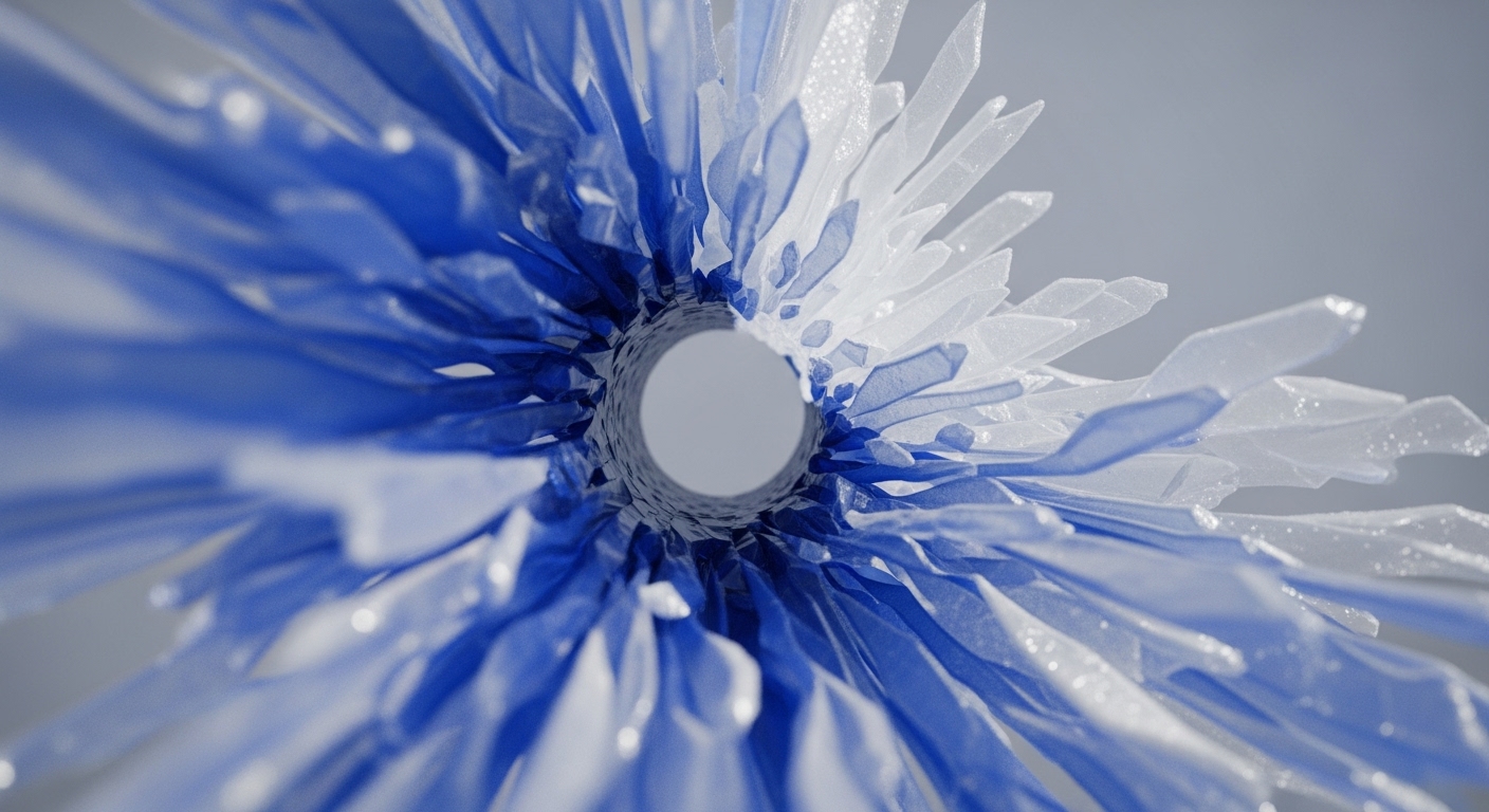 A central circular aperture is surrounded by sharp, translucent blue and white crystalline structures radiating outwards. These intricate elements exhibit varying degrees of transparency and light reflection, creating a dynamic sense of depth