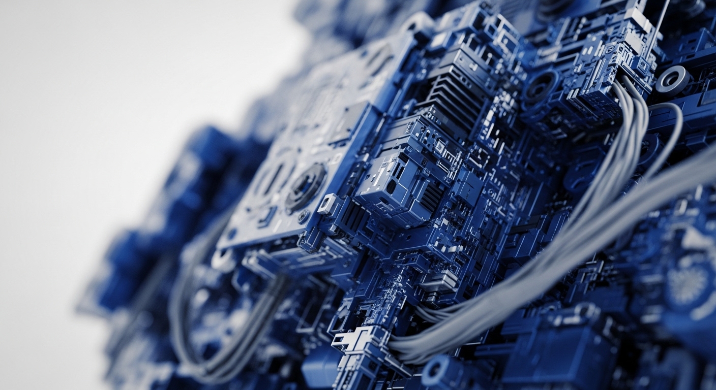 A detailed close-up reveals a complex array of blue metallic circuitry and interconnected components, featuring numerous data conduits and intricate processing units. The shallow depth of field highlights the foreground's dense technological architecture against a blurred white background