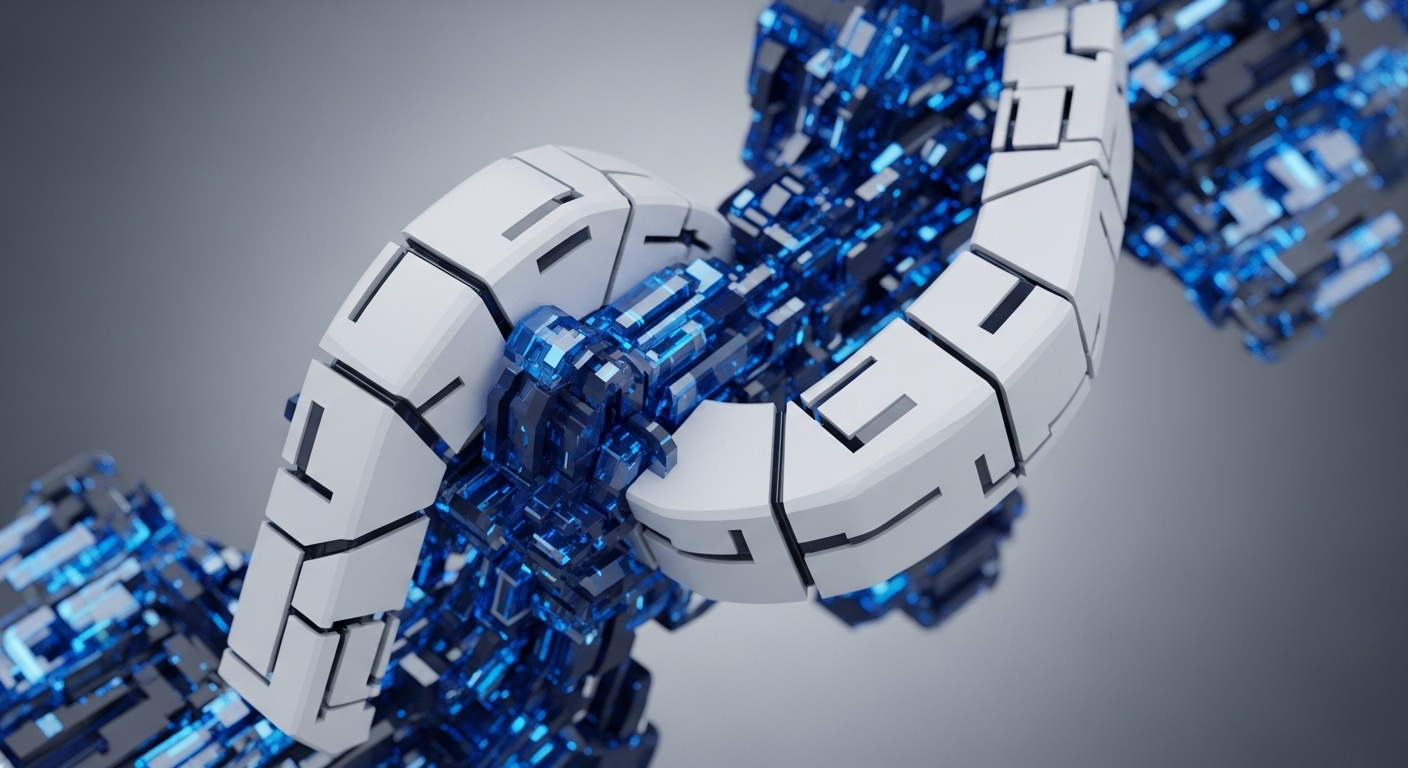 A striking abstract depiction features a segmented, interlocking structure with bright white outer casings revealing an intricate, glowing blue core. The metallic-white segments form a continuous, winding sequence, encapsulating the luminous, block-like internal components