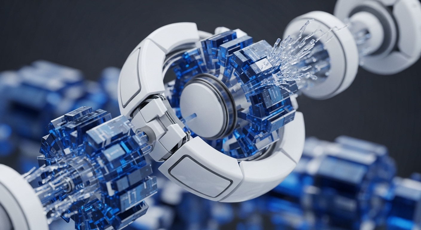 The image features a series of interconnected white and translucent blue mechanical modules, forming a futuristic technological chain. The central module is actively processing, emitting bright blue light and structured, crystalline data streams that project outwards