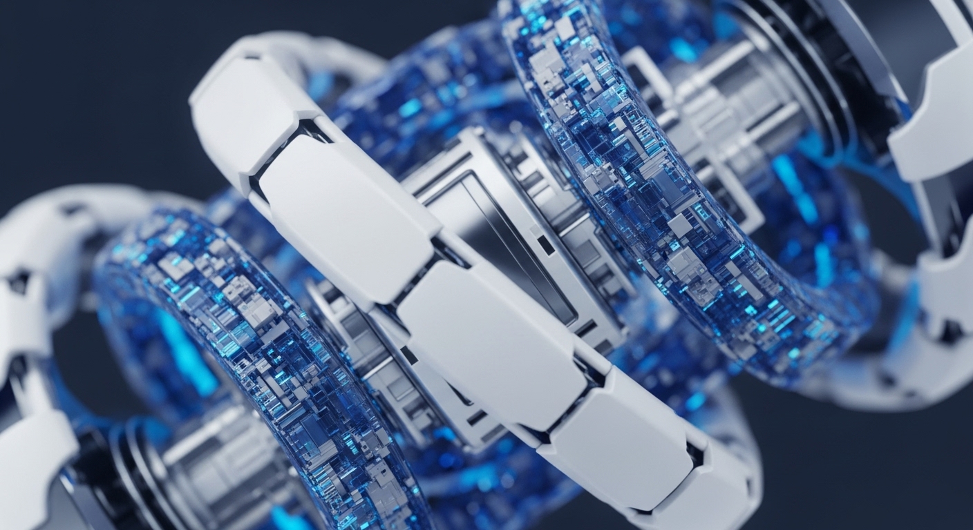 The image displays a close-up of intricate, interwoven mechanical or digital structures against a dark background. White, segmented components form a continuous, winding path, enclosing translucent blue sections filled with glowing, pixelated patterns