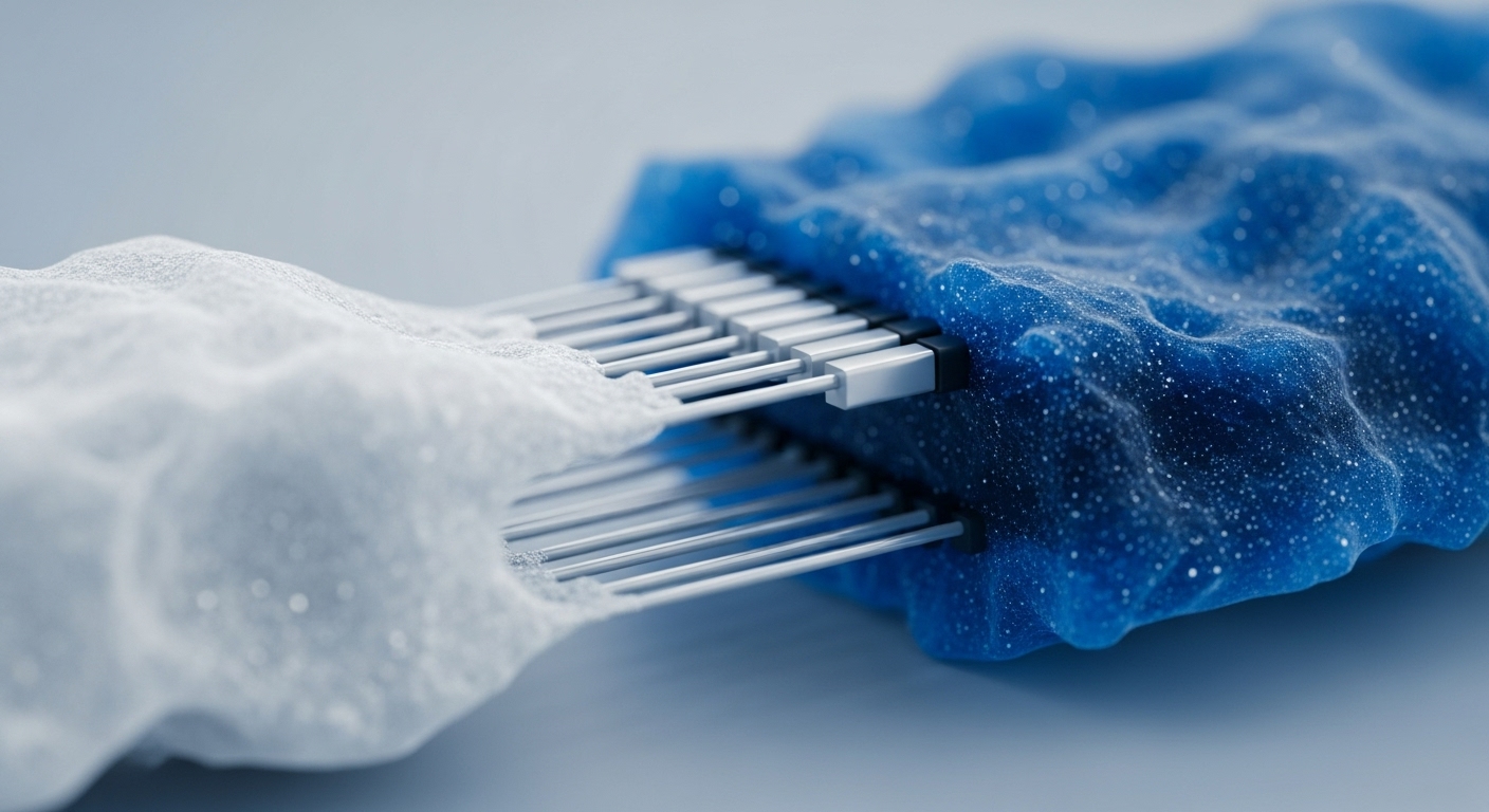 A granular white substance connects to a granular blue substance via multiple parallel metallic conduits, terminating in embedded rectangular components. This visual metaphorically represents a cross-chain bridge facilitating blockchain interoperability between distinct decentralized network segments