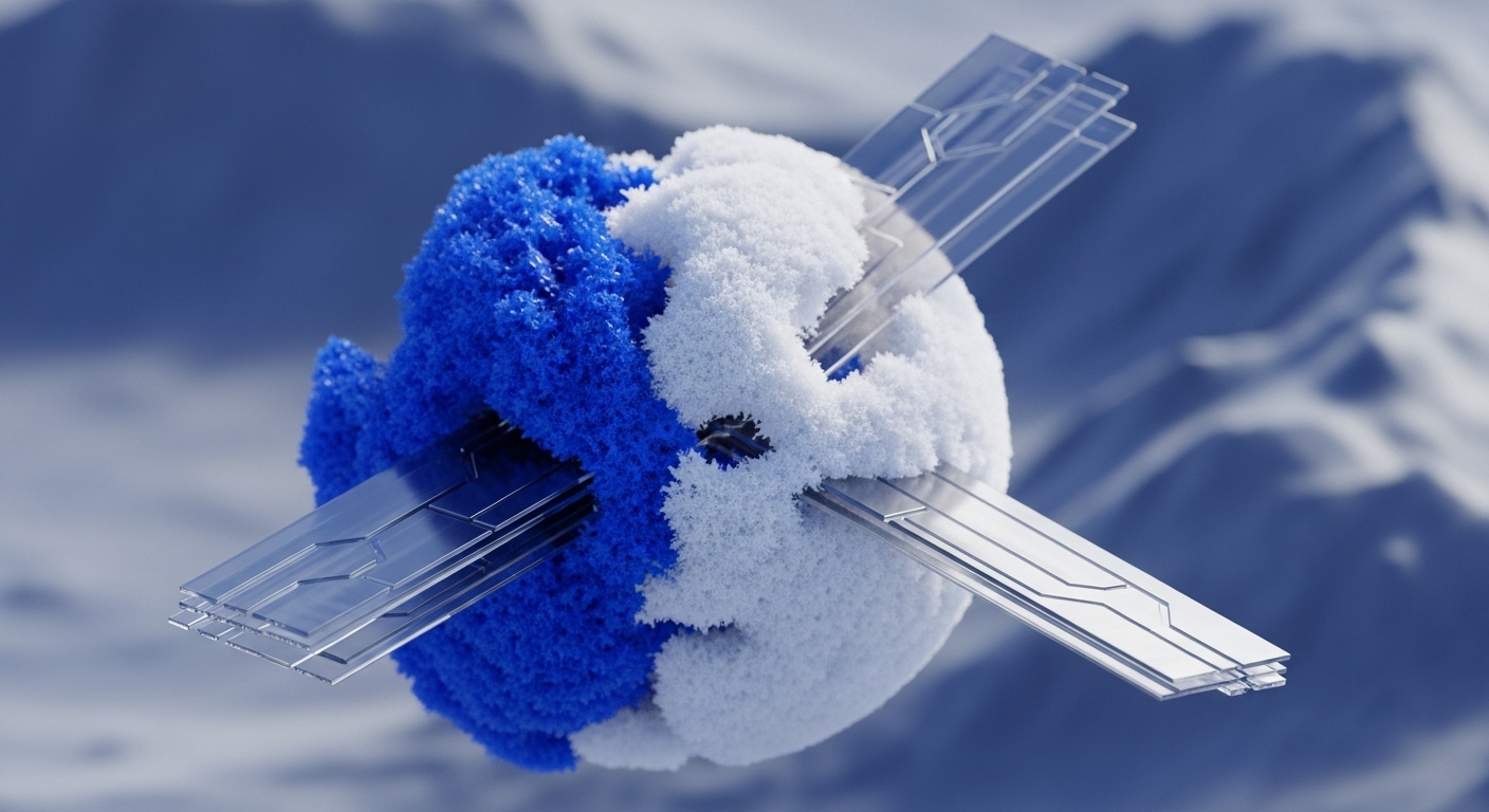 A spherical object, half textured in a deep blue and half in a frosted white, is prominently displayed with multiple transparent metallic blades extending through its center, set against a soft-focus snowy mountain background. This visual metaphor encapsulates advanced distributed ledger technology DLT, highlighting complex protocol architecture crucial for blockchain scalability