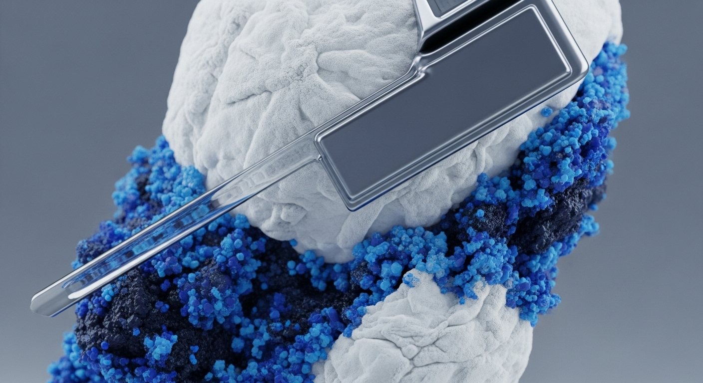 A textured, white, foundational structure, reminiscent of a complex blockchain architecture, forms the core. Embedded within and around this structure are dense clusters of granular particles, varying from deep indigo to vibrant cerulean