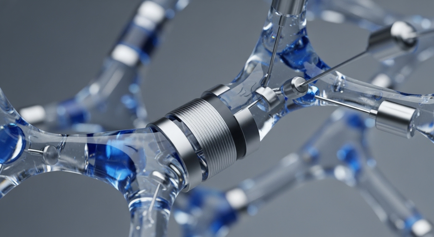 An intricate, transparent network structure displays interconnected conduits filled with vibrant blue fluid. Metallic components function as robust nodes and validators, facilitating transaction throughput across a decentralized network. This visual metaphor highlights complex protocol interactions and interoperability essential for blockchain scalability. The blue fluid symbolizes liquidity and data transfer, crucial for executing smart contracts and maintaining consensus mechanisms within a distributed ledger technology ecosystem. The precise engineering suggests advanced layer-2 solutions for optimal performance.