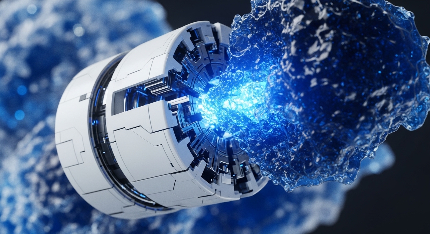 A futuristic white cylindrical device, featuring complex metallic detailing, projects a vibrant blue energy beam into a dynamic, effervescent blue substance. This represents a validator node or mining rig actively contributing to a decentralized network, processing transaction throughput and executing smart contracts