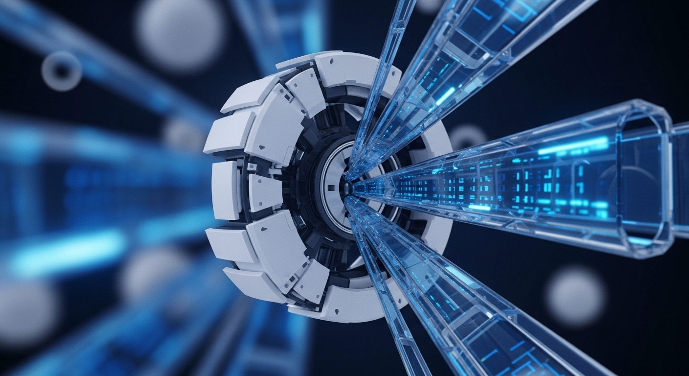 A futuristic, abstract image showcases a central white and grey mechanical structure with radiating transparent blue tubes. These conduits are filled with glowing blue digital patterns, suggesting rapid data transmission within an advanced system