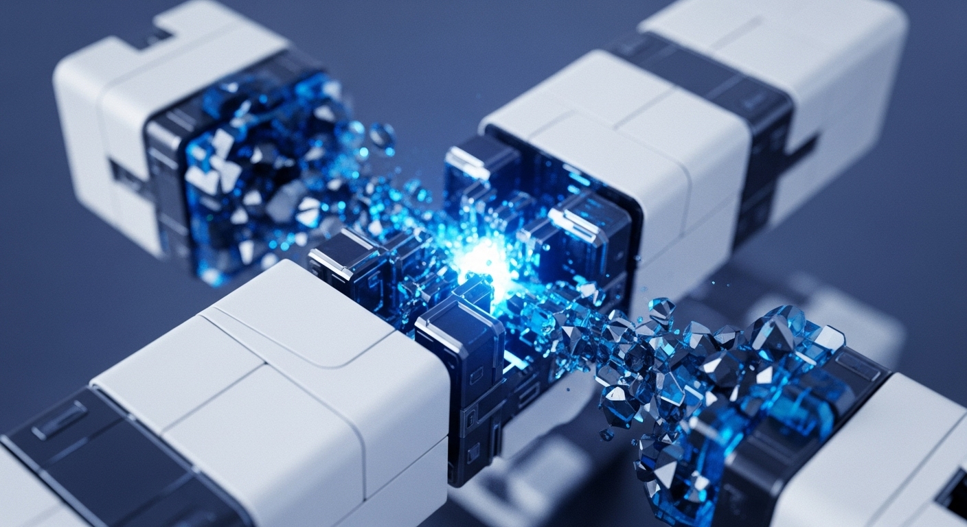 White and dark gray modular structures converge, emitting intense blue light and scattering crystalline fragments, creating a dynamic visual representation of digital processes. This dynamic visualization depicts intricate operations within a decentralized network, emphasizing the flow and transformation of data
