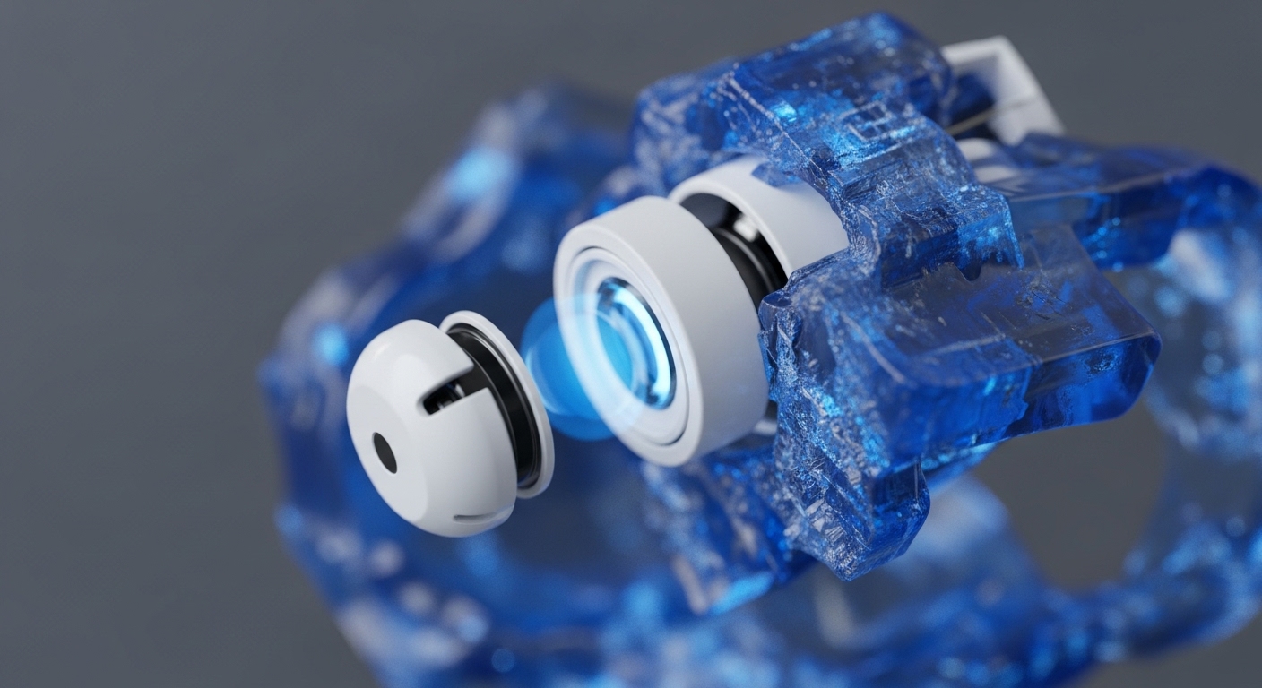 A white, circular mechanical component, featuring a bright blue glowing core, is shown in dynamic interaction with a larger, intricate translucent blue crystalline structure. The component appears to be detaching or integrating, with smaller white elements visible, all set against a muted grey background, highlighting a sophisticated technological process