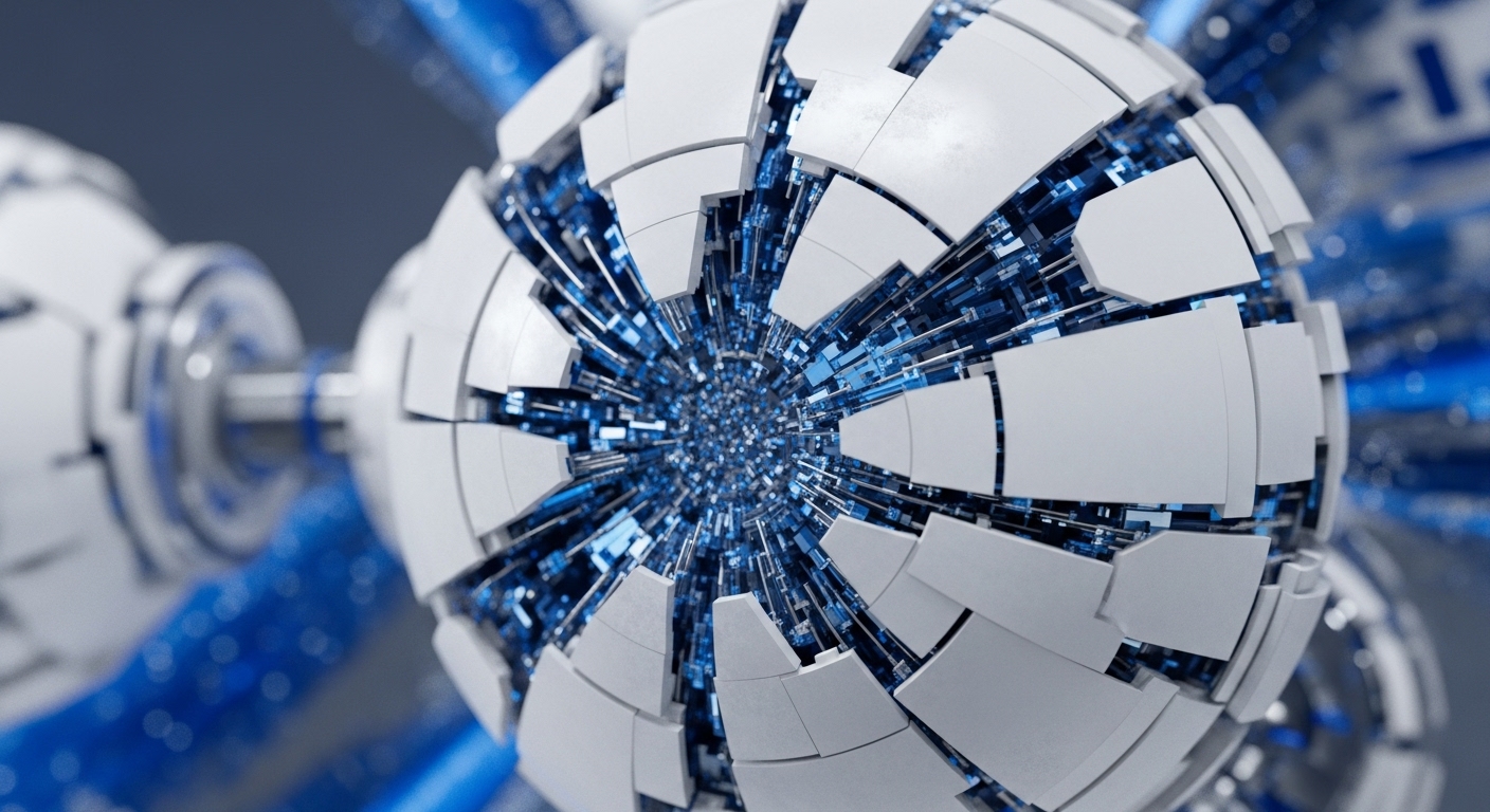 A high-fidelity render features a central, dynamically segmented white sphere revealing an intricate, glowing blue internal core. This complex decentralized network node embodies distributed ledger technology operations, processing vast data packets. Its modular exterior suggests sharding or dynamic consensus mechanism adjustments, while the luminous interior visualizes active transaction processing and cryptographic hashing. The interconnected structure implies robust interoperability within a larger blockchain architecture, maintaining data integrity through advanced protocol mechanisms crucial for Web3 infrastructure and digital asset security.