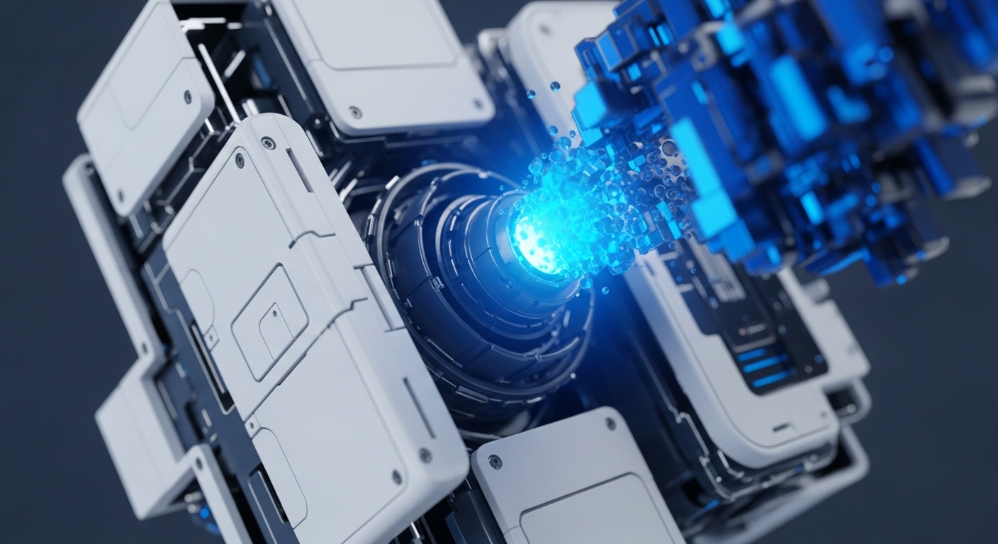 A sophisticated, cube-like technological apparatus, featuring white and dark grey panels, is shown at an angle. A bright blue energy beam originates from its central mechanism, dispersing into numerous glowing blue cubic and spherical particles