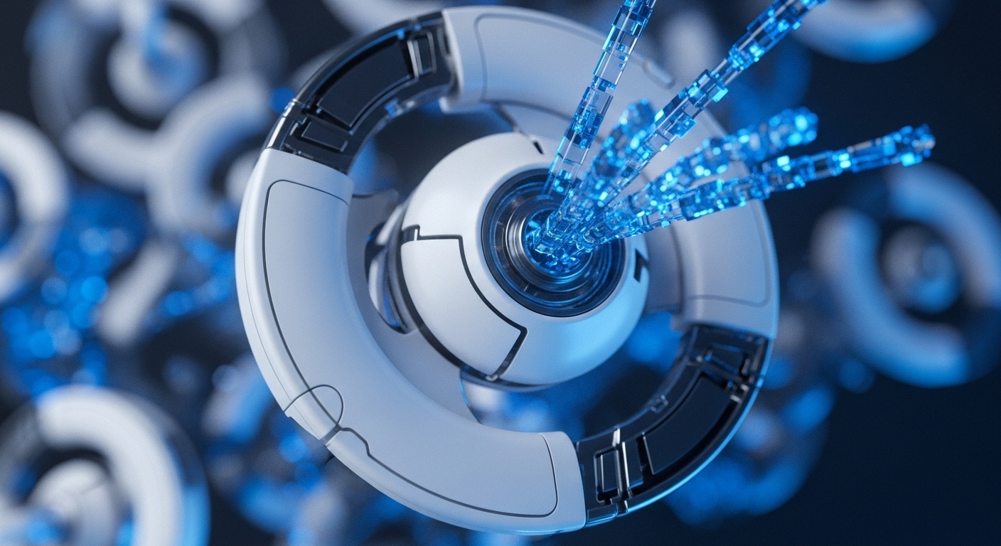 A close-up renders a sophisticated white and dark grey toroidal device, featuring a central spherical core from which several vibrant blue, segmented light streams emanate outwards. The surrounding structure is composed of sleek, modular segments, hinting at advanced engineering and functional design