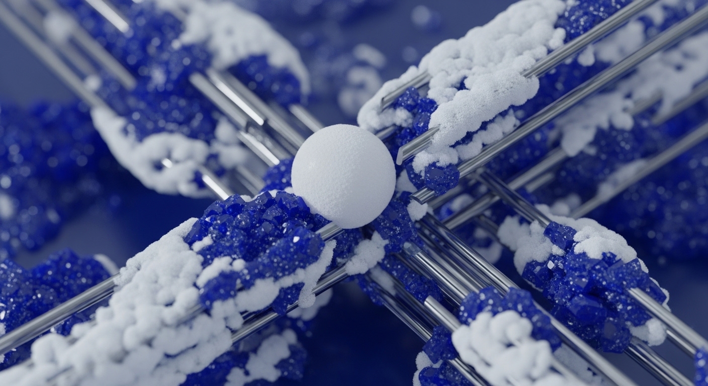 A detailed view of a central white spherical object, surrounded by a lattice of intersecting metallic rods. These rods are partially covered with clusters of sharp, blue crystalline structures and irregular patches of white, granular, or foamy material, set against a blurred blue background