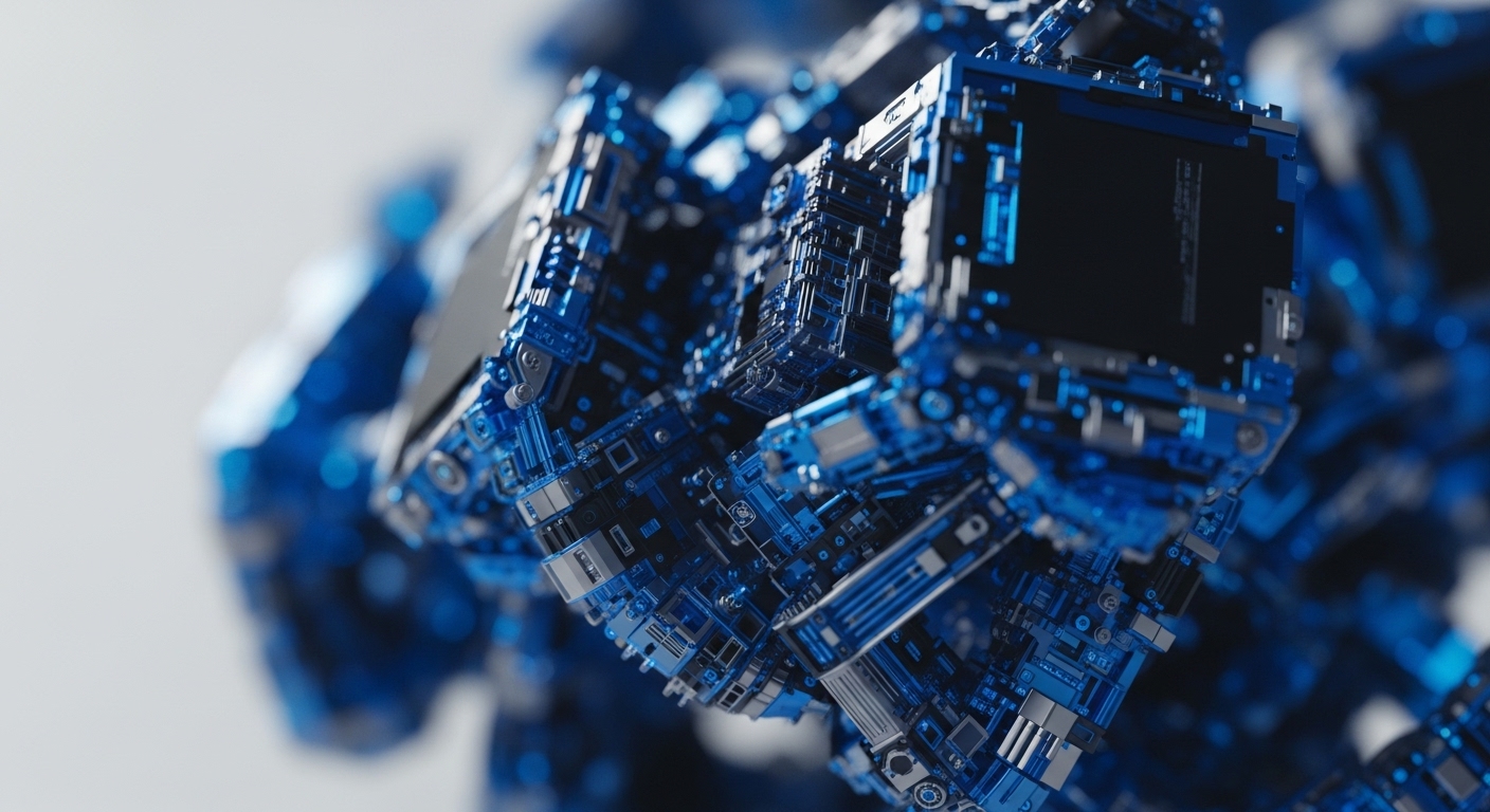 A detailed, abstract composition features numerous interconnected cubic structures, rendered in vibrant blue and metallic tones, against a soft, blurred background. These intricate components showcase various circuit-like patterns and glowing blue elements, creating a sense of depth and advanced digital machinery