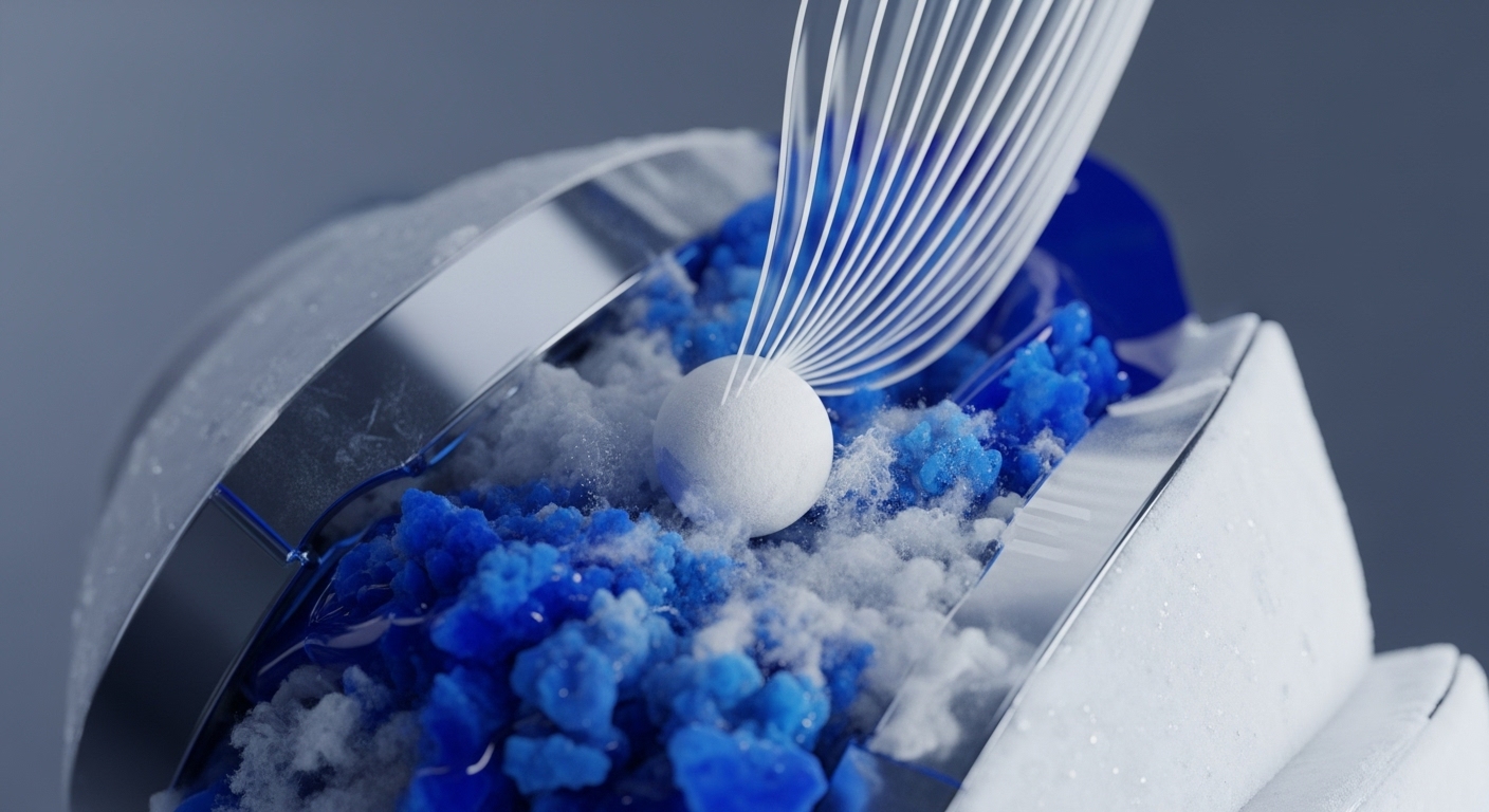 A detailed close-up showcases a complex system featuring a central white sphere interacting with numerous fine white strands, surrounded by granular blue and fluffy white materials within metallic structures. Blue liquid elements are also visible, suggesting a dynamic process