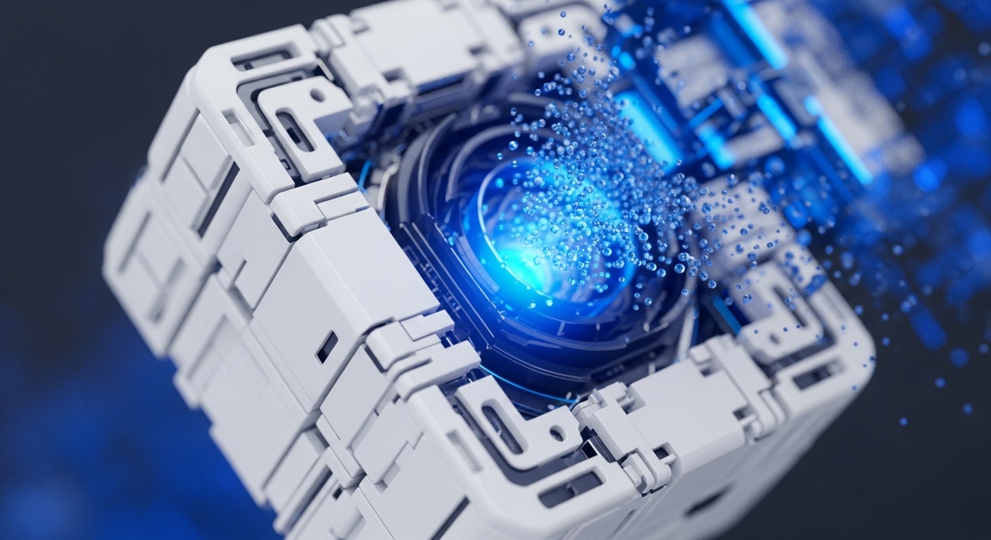 A white, modular, cubic structure with intricate geometric patterns is prominently featured, angled against a dark, luminous blue background. Its central circular component glows intensely with blue light, emitting a multitude of smaller, shimmering blue particles that disperse outwards