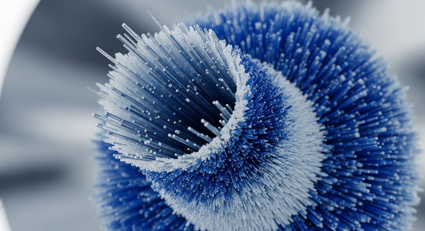 A macro photograph captures an intricate, spiraling arrangement of numerous fine bristles, distinctly colored blue and transparent white. The central area showcases hollow, transparent filaments, while surrounding layers feature dense blue bristles interspersed with white, creating a textured, frosted appearance