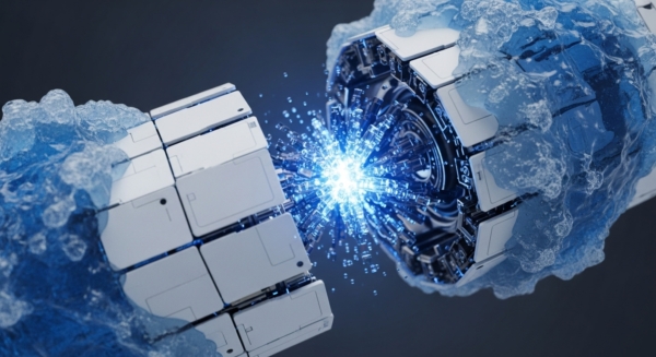 Two segmented, white metallic structures, partially encapsulated in a translucent, light blue, ice-like material, signify robust cold storage solutions for blockchain infrastructure. A vibrant, starburst-like blue energy radiates from the interface, indicating active cross-chain communication or a decentralized oracle querying data. This intense light and surrounding particulate matter illustrate a high-throughput sharded DLT node executing a complex smart contract or facilitating atomic swaps between disparate distributed ledgers, emphasizing secure and efficient interoperability protocols.