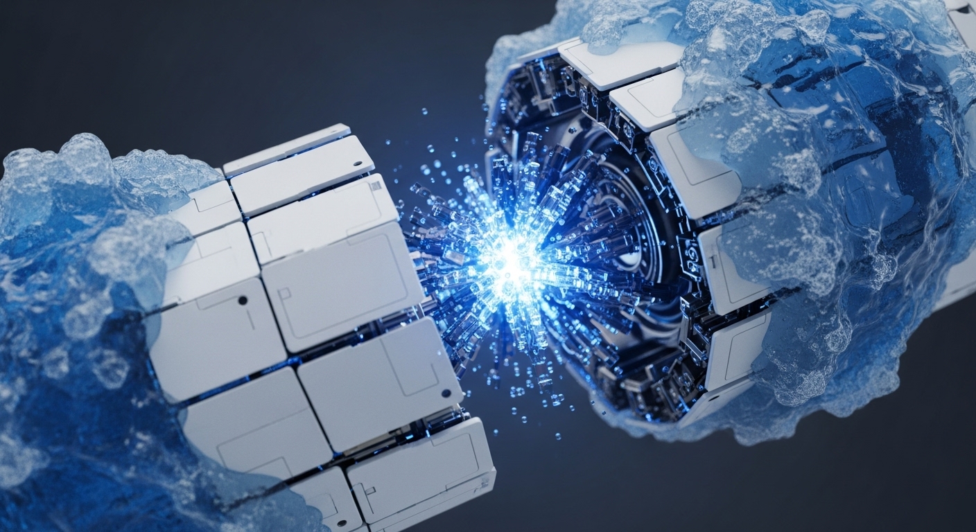 The image presents two segmented, white metallic cylindrical structures, partially encased in a translucent, light blue, ice-like substance. A brilliant, starburst-like blue energy discharge emanates from the gap between these two components, surrounded by small radiating particles