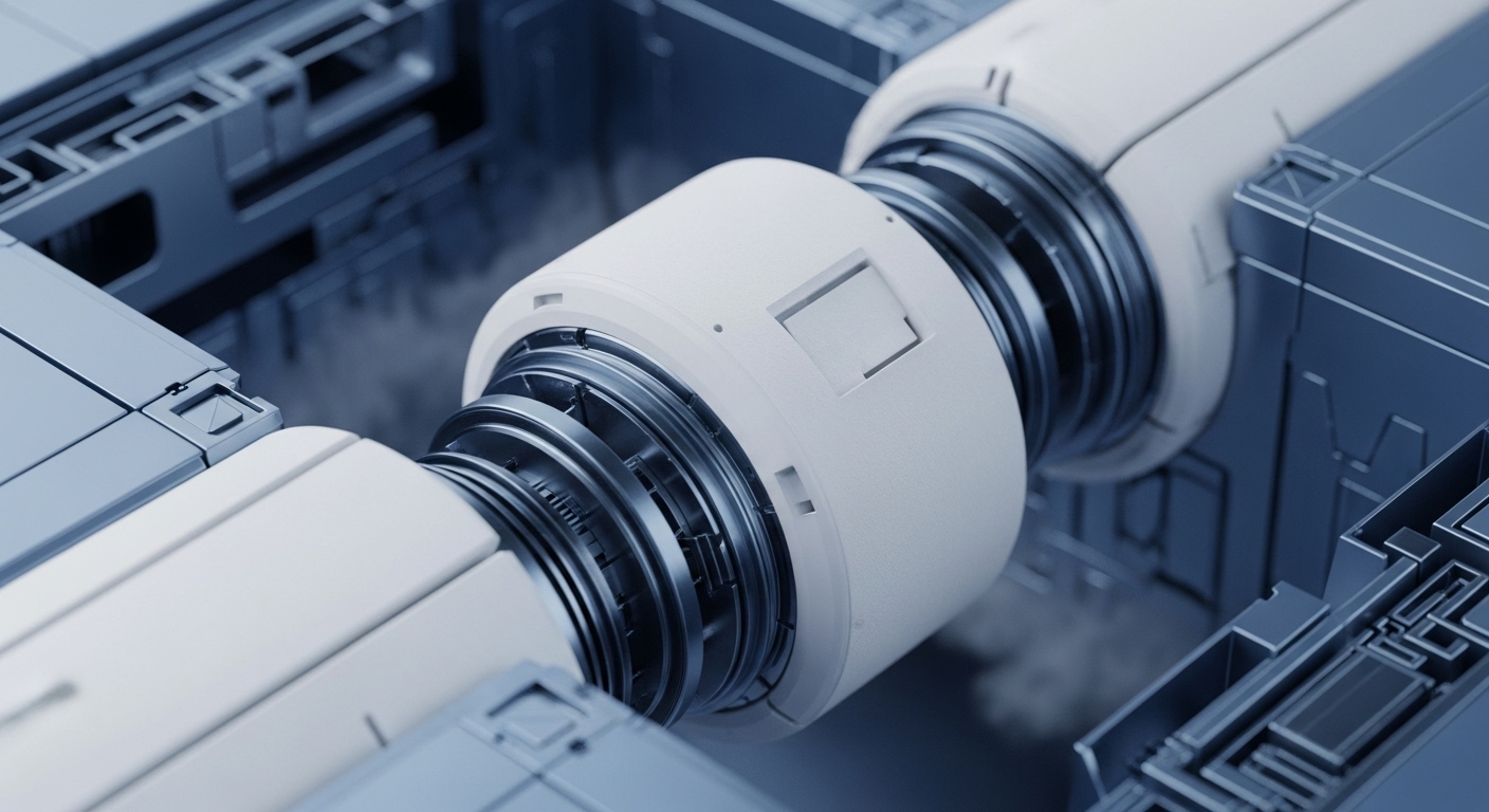 A close-up view reveals a futuristic, industrial-grade mechanical component, centered by a large white cylindrical unit. This central unit is intricately connected to two larger, darker metallic structures on either side, displaying complex internal mechanisms and subtle vapor