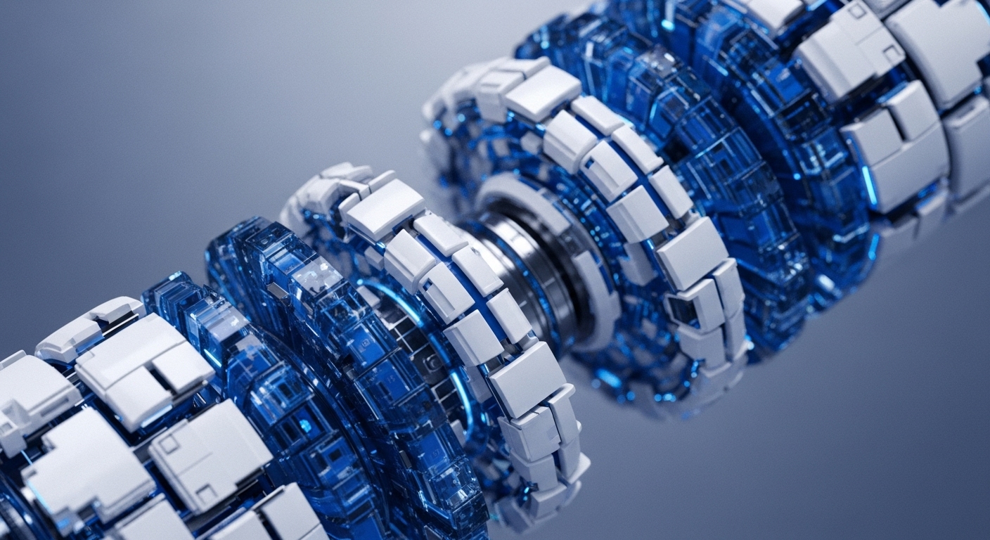 The image presents a complex, futuristic mechanical device composed of interconnected white and translucent blue components, arranged in a cylindrical form. These segments appear to rotate and interlock, with the blue elements emitting a subtle glow, indicating active internal processes