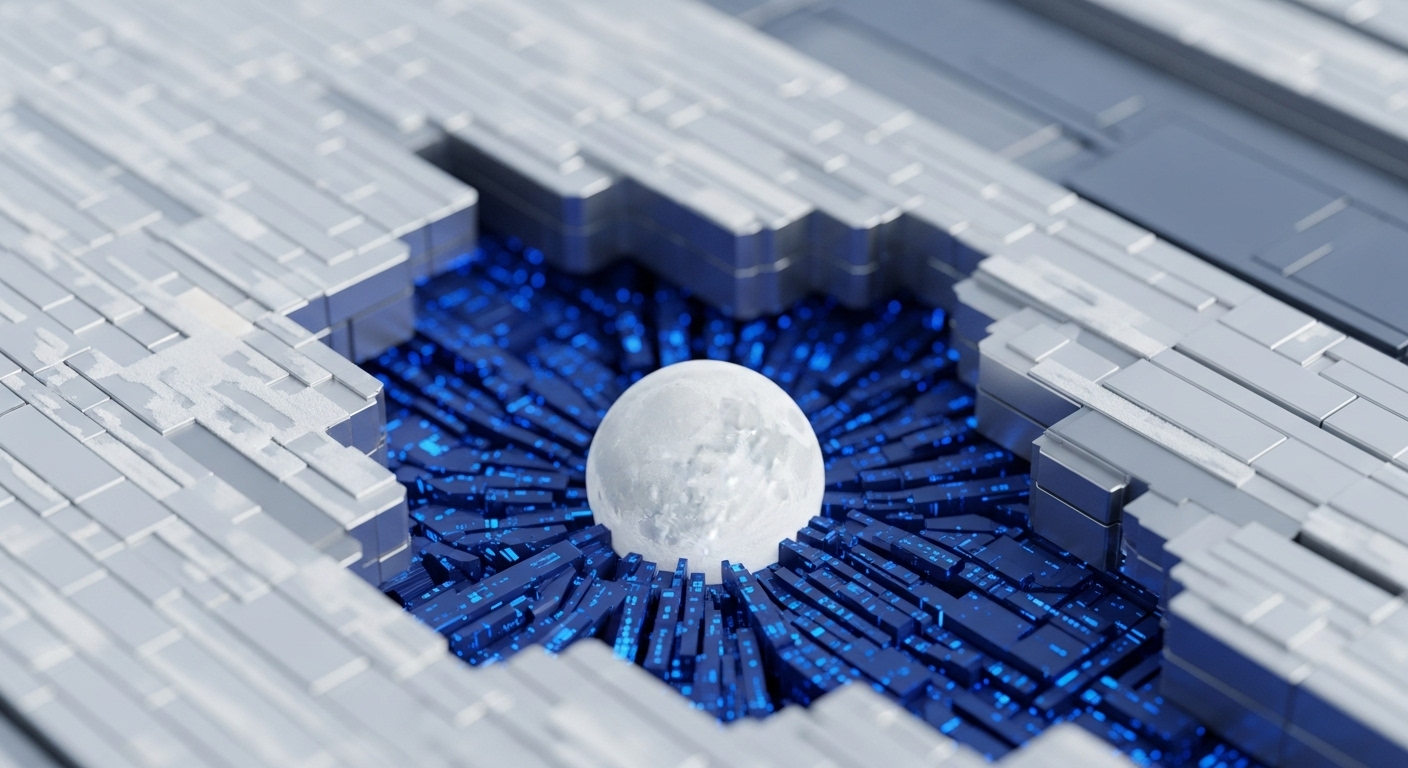 A central, textured white sphere is securely nested within a deep blue, glowing infrastructure, surrounded by radial patterns. This core component is encased by a sophisticated, multi-layered metallic framework composed of interlocking silver-grey plates
