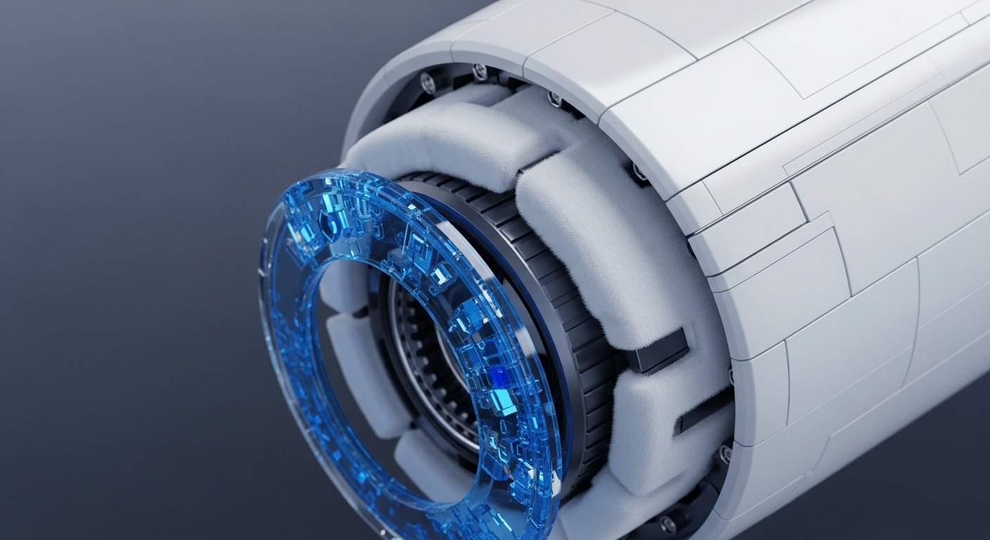 The image displays a close-up of a sophisticated, cylindrical technological apparatus featuring a white, paneled exterior and a prominent, glowing blue internal ring. Visible through an opening, soft, light-colored components are nestled around a central dark mechanism