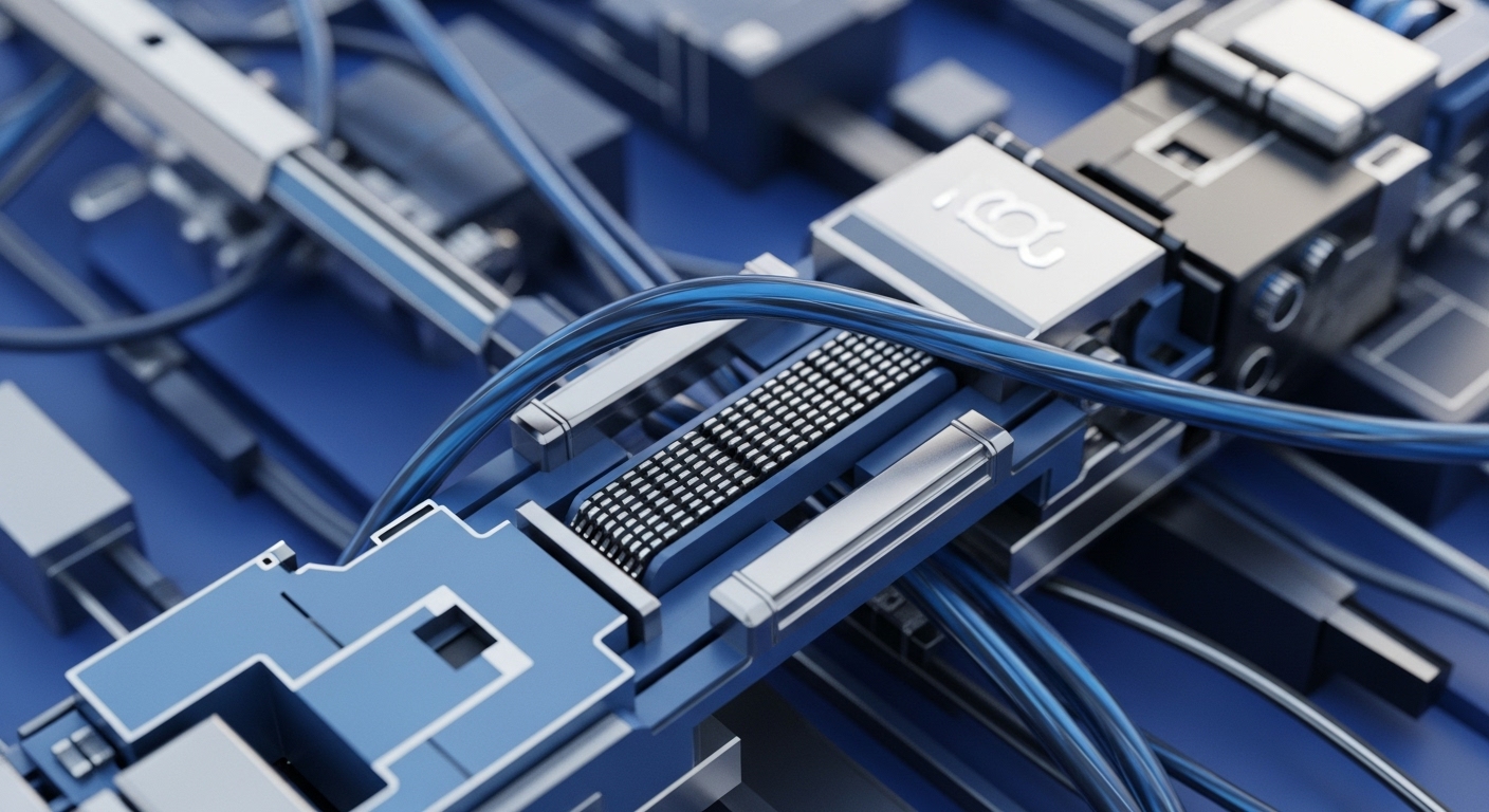 A close-up view reveals a dense array of interconnected electronic components and cables, predominantly in shades of blue, silver, and dark grey. The detailed hardware suggests a sophisticated data processing or networking system, with multiple connectors and circuit-like structures visible