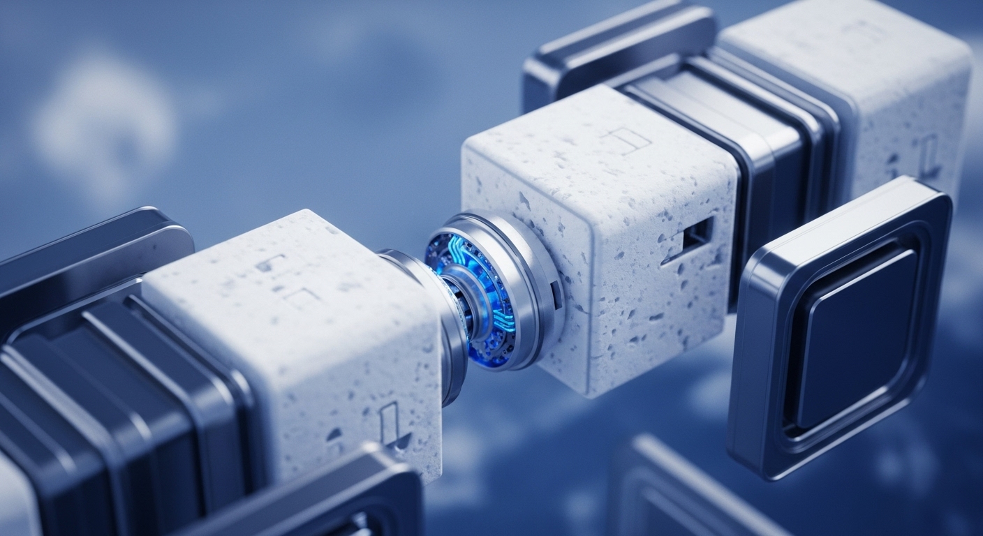 The image showcases several abstract, white cubic modules, featuring a textured surface and sleek metallic connectors, against a blurred blue backdrop. These components are visibly linked, with a central connection revealing intricate glowing blue internal circuitry, suggesting active processing