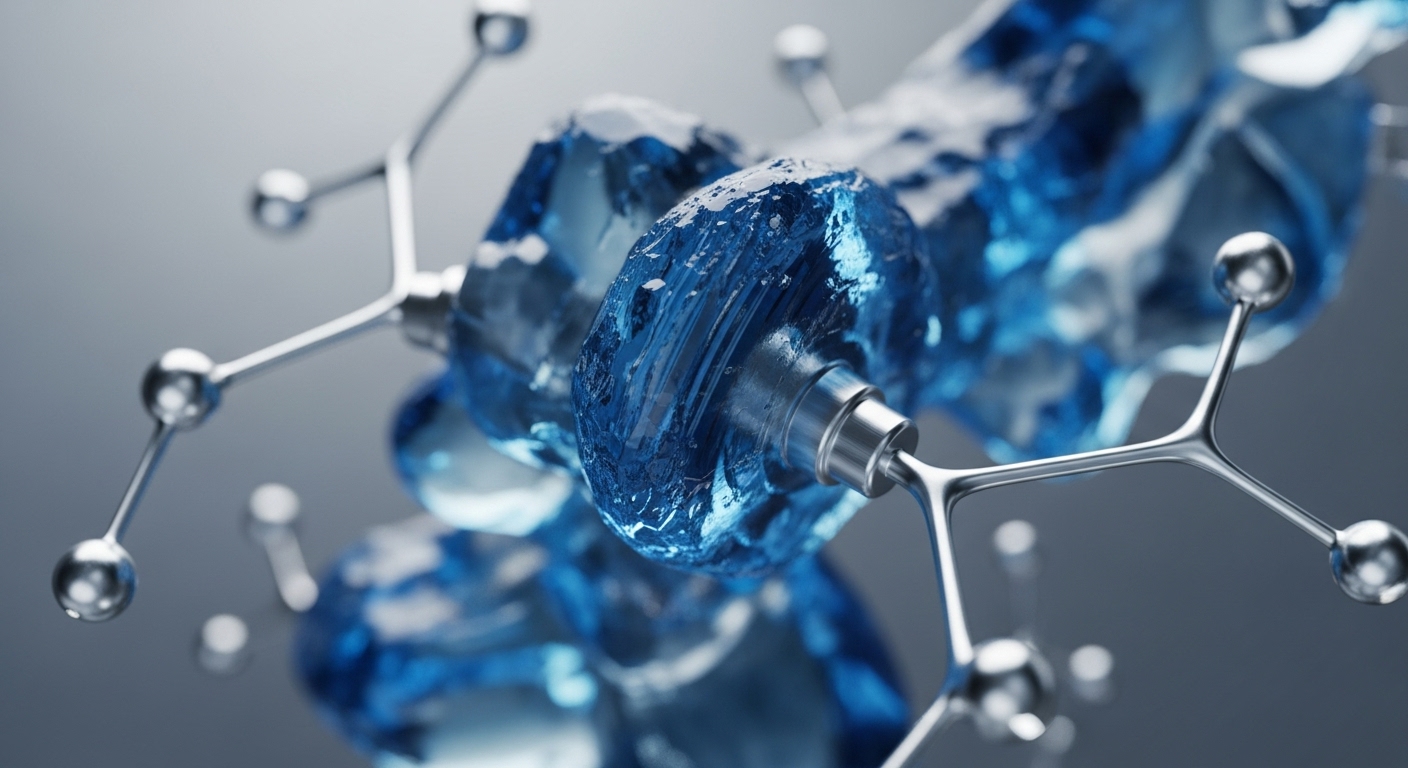 A detailed view presents a sophisticated arrangement of gleaming metallic spheres and connecting rods, forming a structural backbone. This framework is enveloped by a dynamic, translucent blue substance, exhibiting a textured, fluid-like quality