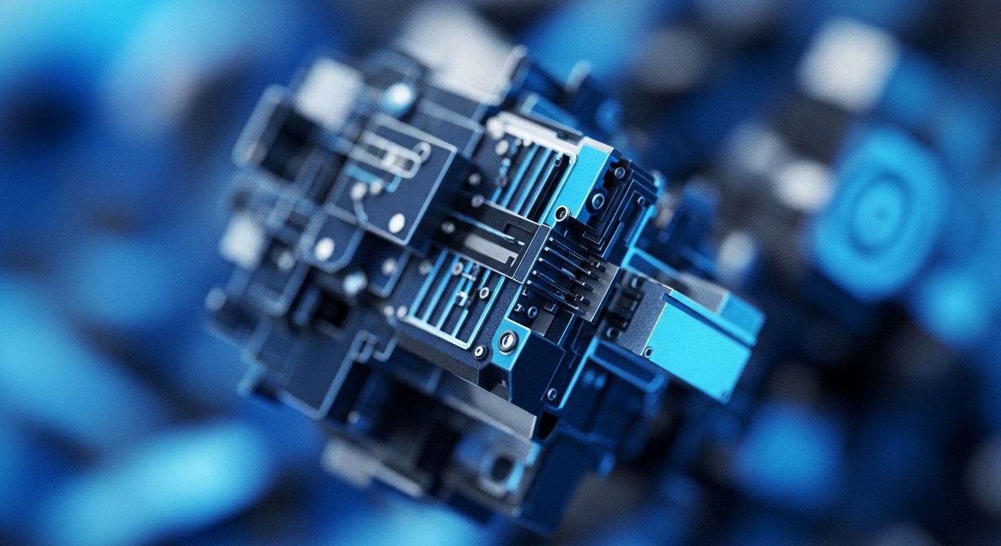 A precisely rendered, multi-faceted blue cube, composed of interlocking metallic and circuit-like elements, is centrally positioned against a soft, blurred blue background. The cube's surfaces display intricate patterns resembling integrated circuits and data pathways, suggesting a complex digital infrastructure