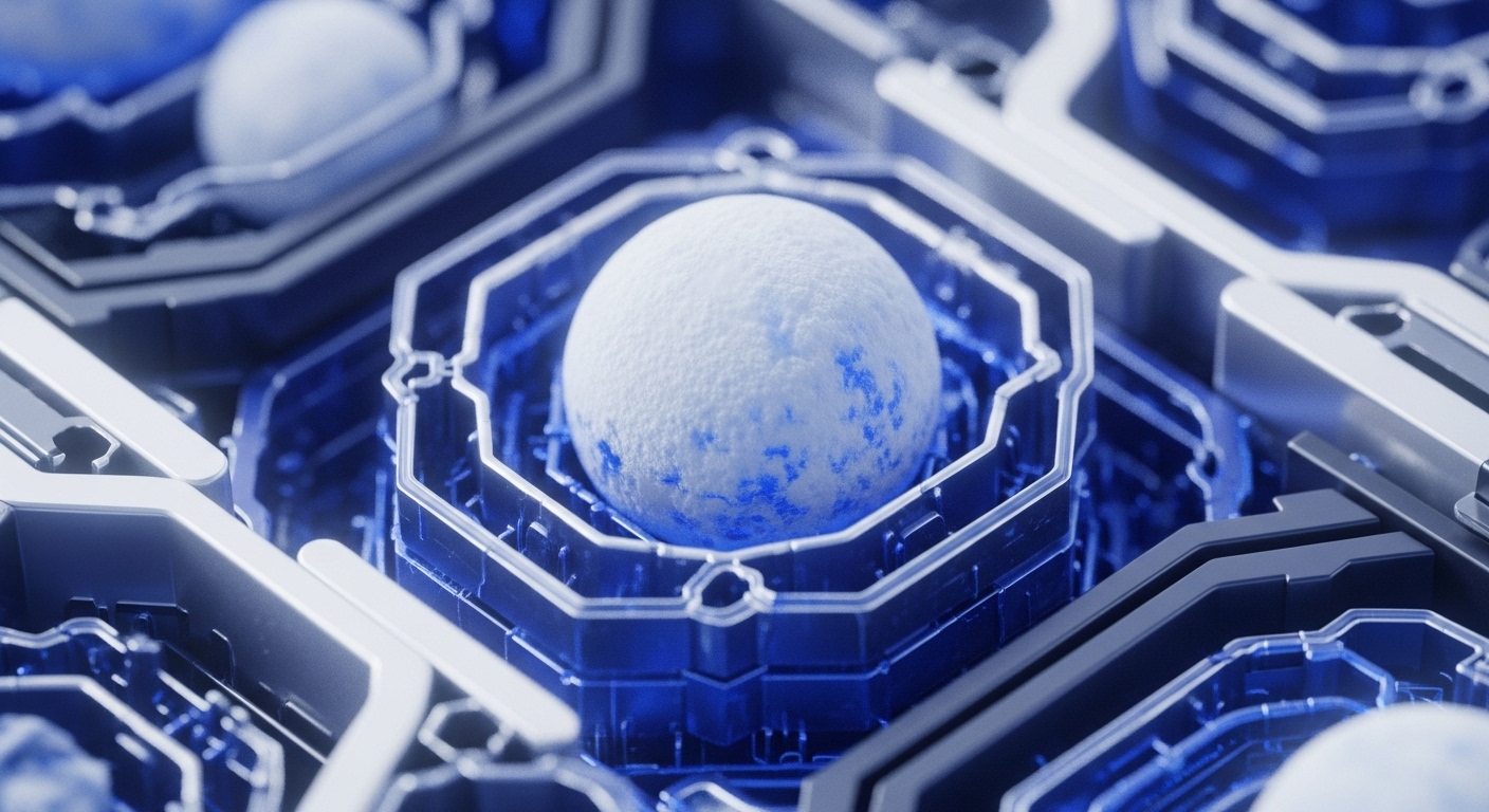 The image presents a macro view of interconnected hexagonal structures, each housing a textured, light blue spherical object with darker blue patterns, illuminated by internal blue light. These modules form a complex, repeating pattern, reminiscent of advanced circuitry and data processing units