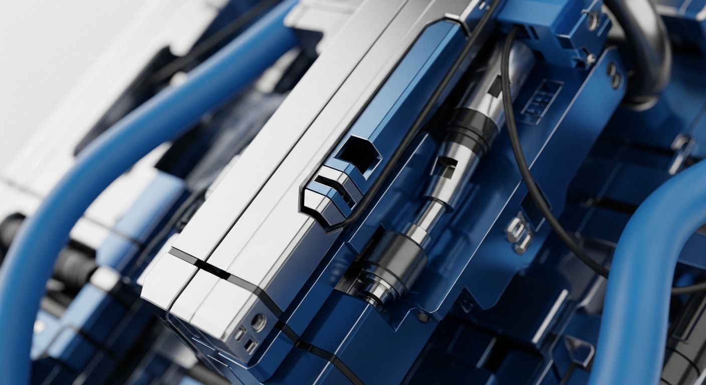 A close-up view reveals intricate metallic silver and deep blue mechanical components, interconnected by flexible blue tubing. Polished surfaces reflect light, highlighting the precision and robust construction of the internal mechanisms