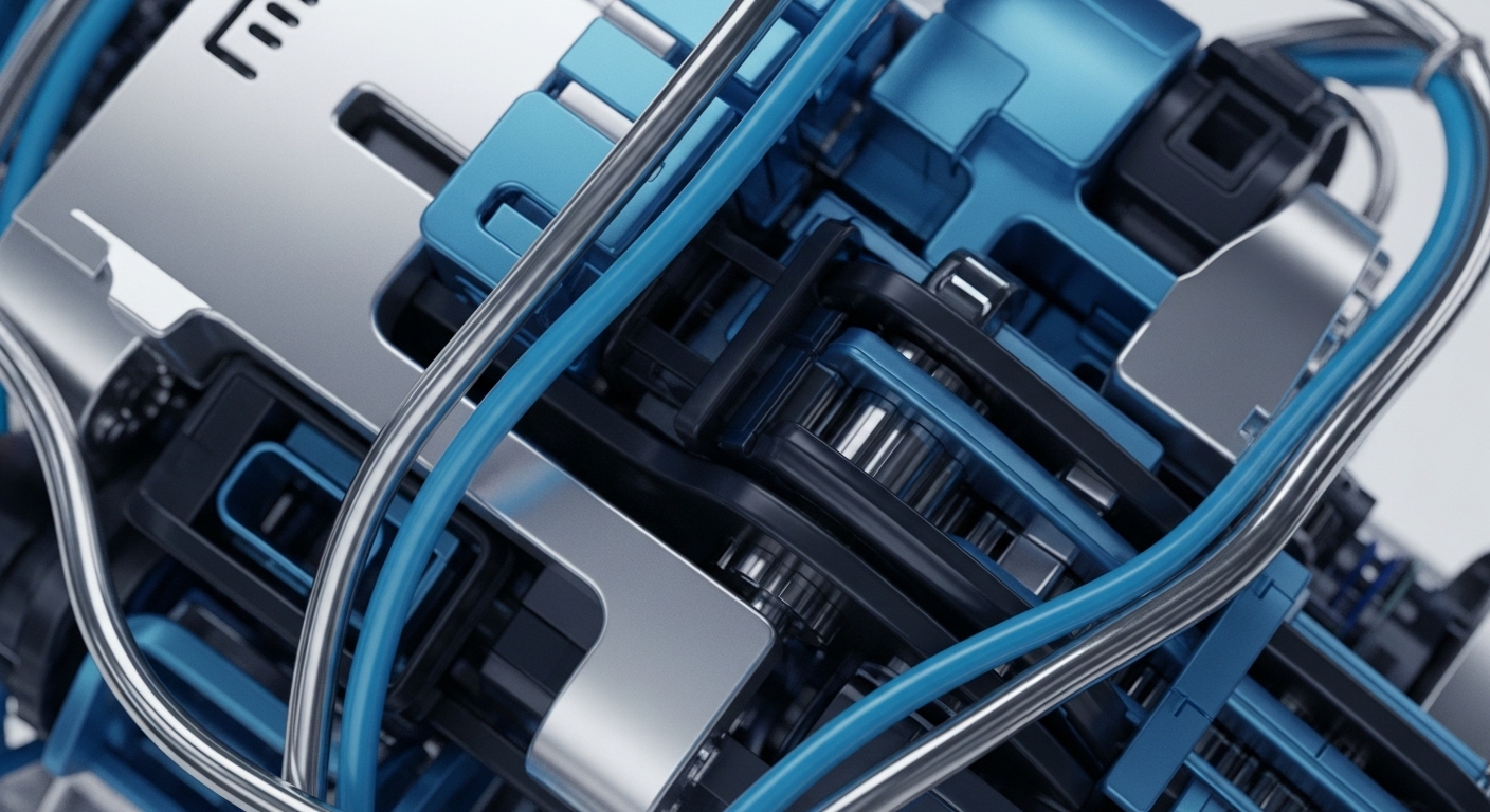 The image displays a sophisticated internal mechanism composed of polished silver metallic plates, intricate blue structural components, and dark black gears. Bright blue and silver conduits are visible, suggesting complex data pathways and interconnections within the system