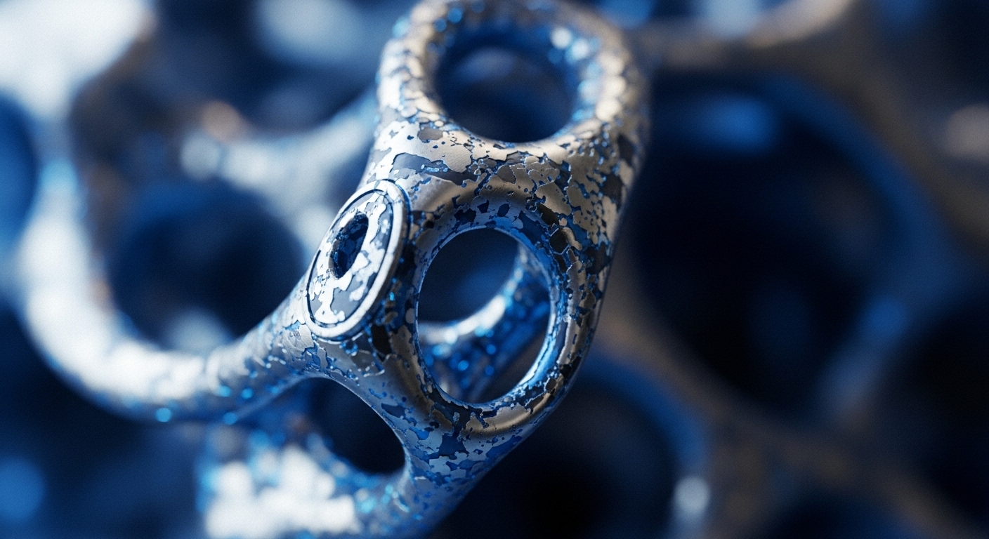 A macro view reveals an intricate metallic structure, possibly a 3D-printed cryptographic primitive or a blockchain architecture component. Its surface exhibits a mottled, textured pattern, reminiscent of hashed data or digital asset fragmentation. Interconnected loops suggest a node network or protocol layers within a decentralized autonomous organization DAO framework. Circular apertures could represent smart contract execution points or oracle network integration. The robust, weathered appearance emphasizes immutable ledger resilience and tamper-proof security inherent in distributed ledger technology DLT. This visual metaphor underscores the complexity of Web3 infrastructure.