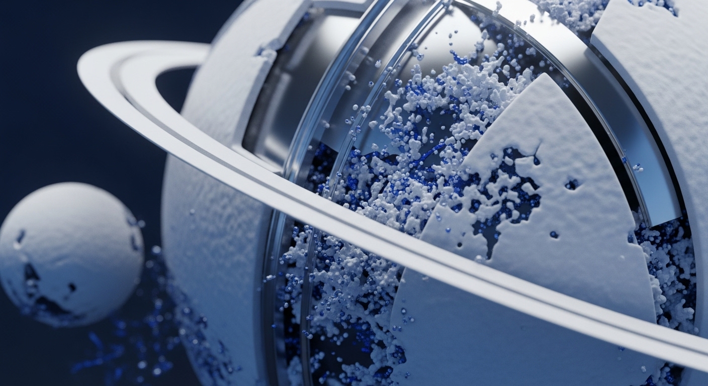 A large, textured white sphere with prominent rings, appearing to split open, reveals a vibrant expulsion of numerous small blue and white particles. A smaller, similar sphere is partially visible in the background, also engaged in this particulate dispersion