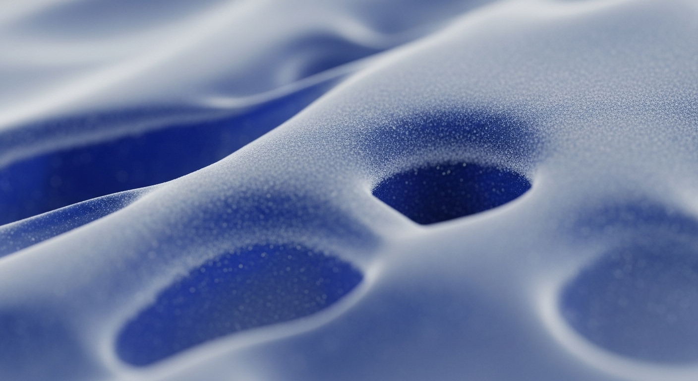 A macro view reveals a dynamic blue surface with undulating forms and distinct depressions, partially covered by a fine, granular white layer. This abstract representation evokes a complex blockchain ledger or distributed network where node topology dictates transaction pool dynamics. The granular texture could symbolize digital asset fragmentation or staking rewards accumulating on a protocol layer. Depressions suggest areas of liquidity provision or smart contract execution, emphasizing on-chain data integrity within a decentralized finance ecosystem.